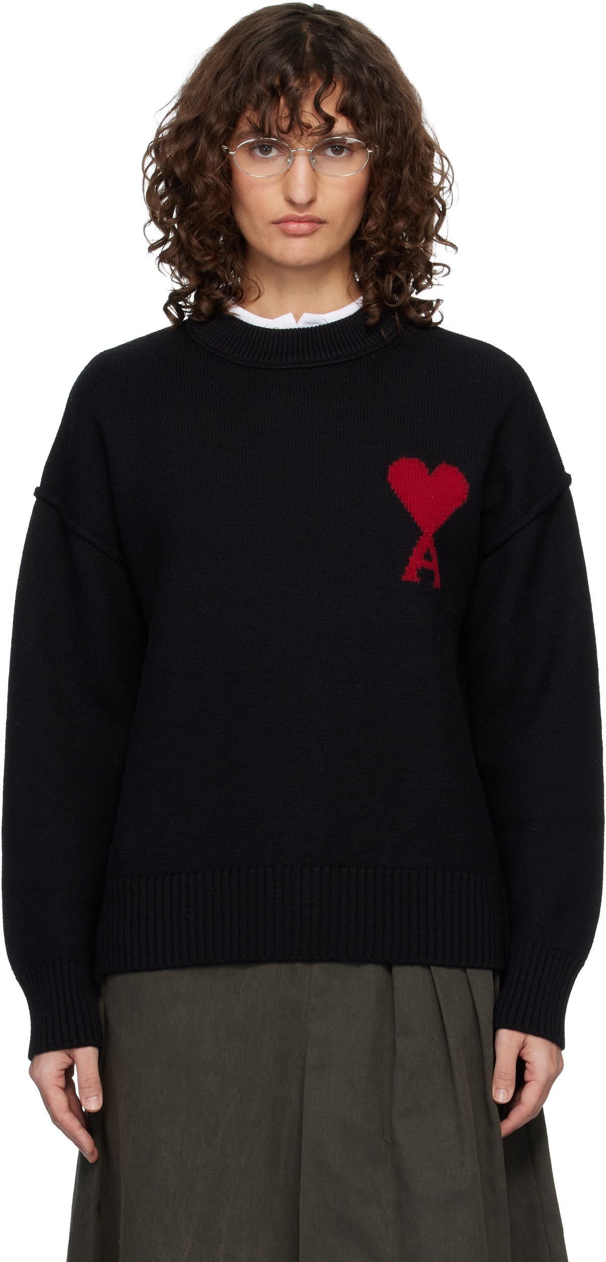 AMI Paris Black Wool Crewneck Ami de Coeur Sweater