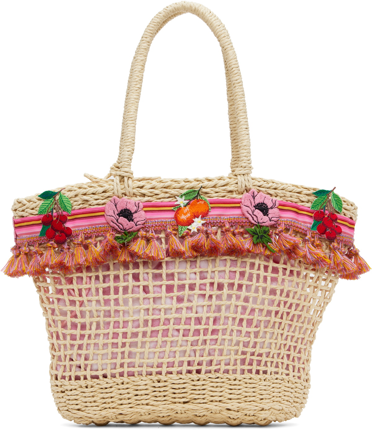 Anna Sui Beige & Pink Raffia Tassel Bag