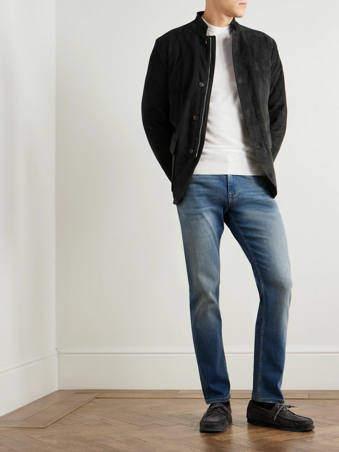 Eleventy - Slim-Fit Nehru-Collar Padded Suede Down Jacket - Black