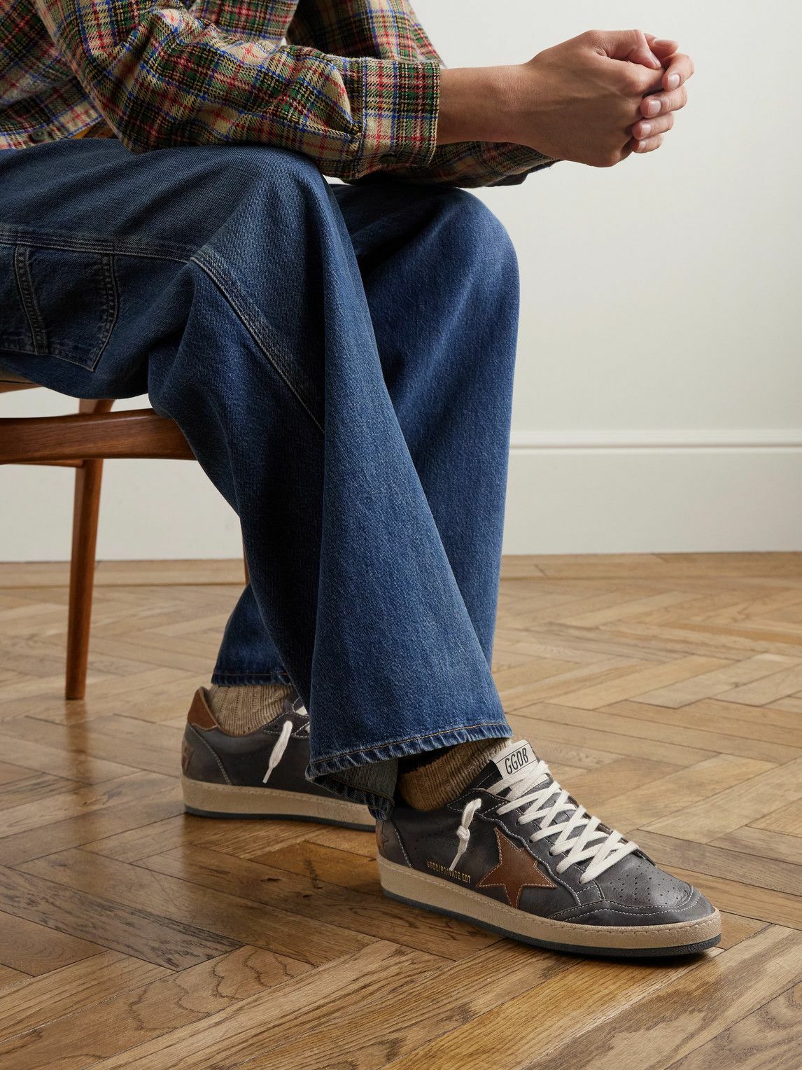 Golden Goose - Ball Star Distressed Suede-Trimmed Leather Sneakers - Brown