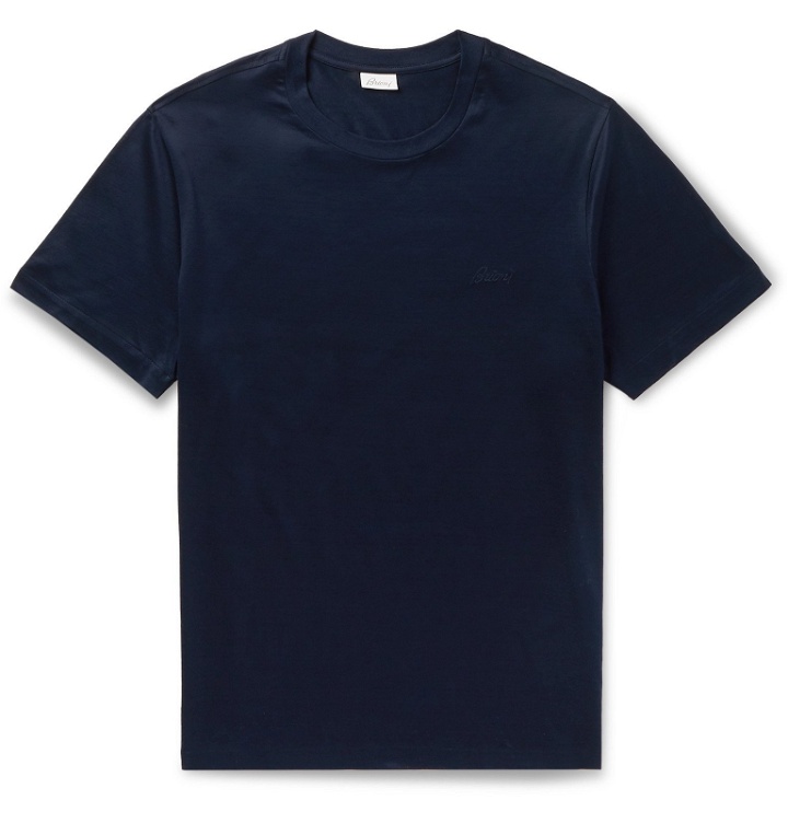 Photo: Brioni - Logo-Embroidered Cotton-Jersey T-Shirt - Blue