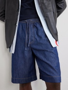LOEWE - Wide-Leg Anagram-Detailed Cotton-Chambray Drawstring Shorts - Blue