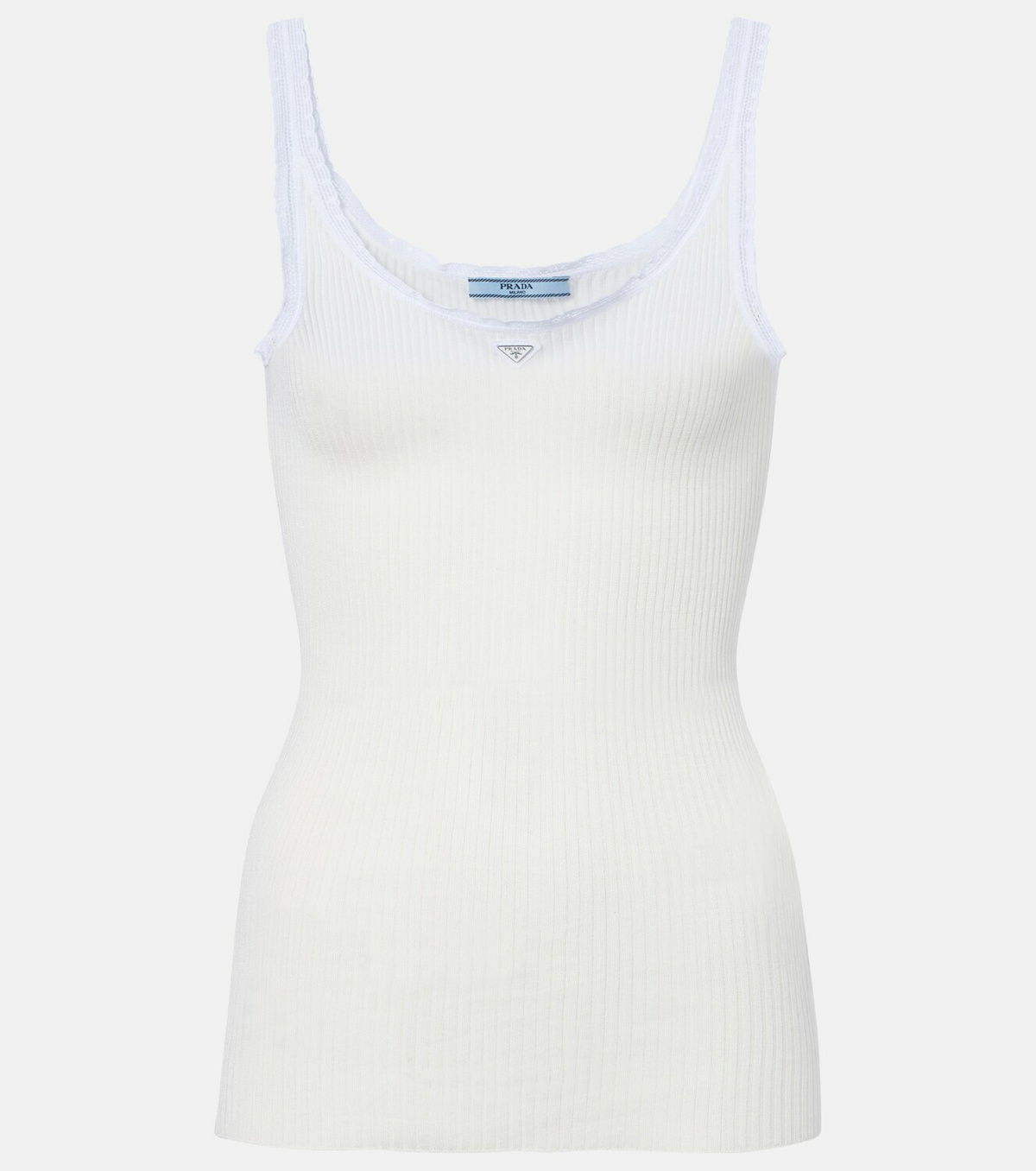 Prada Lace-trimmed ribbed-knit cotton tank top