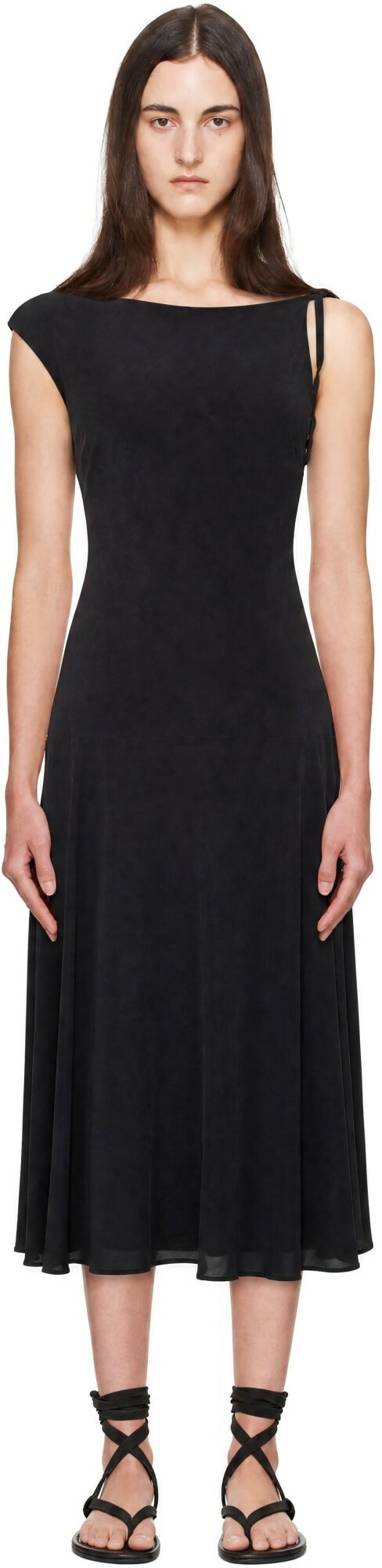 St. Agni Black Silk Drape Back Midi Dress