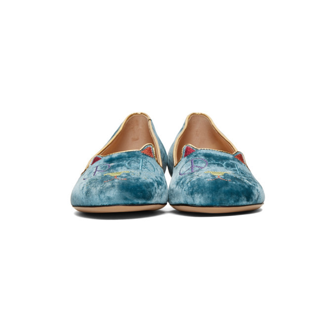 Charlotte Olympia Blue Velvet Peaceful Kitty Loafers