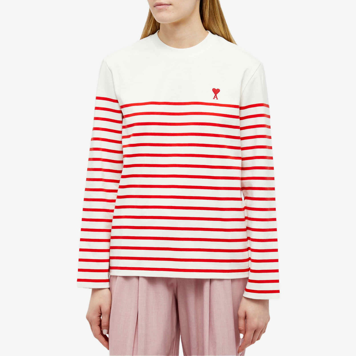 AMI Women's De Coeur Mariniere Stripe T-Shirt in Natural