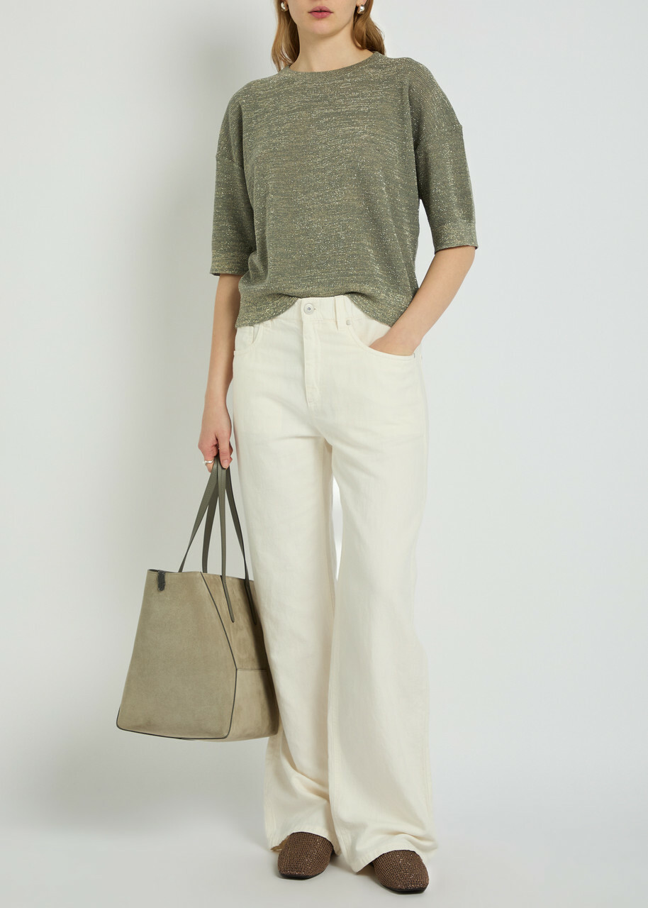 Brunello Cucinelli Metallic Fine-knit Sweater top Khaki