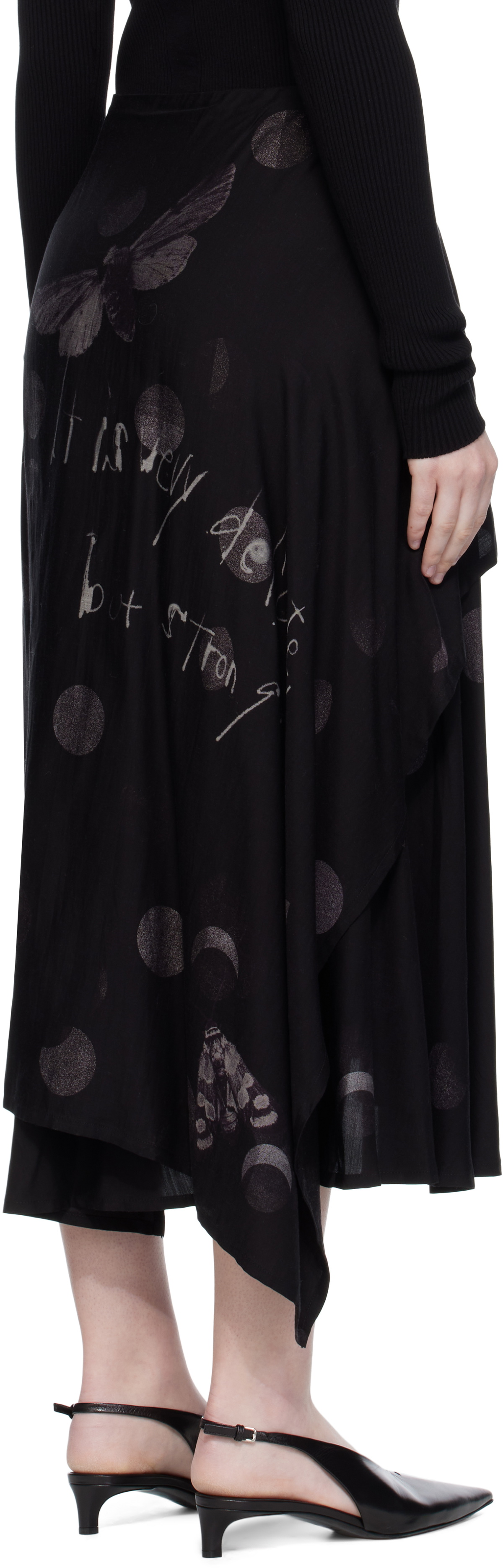 Y's Black Butterfly-Print Twill Midi Skirt