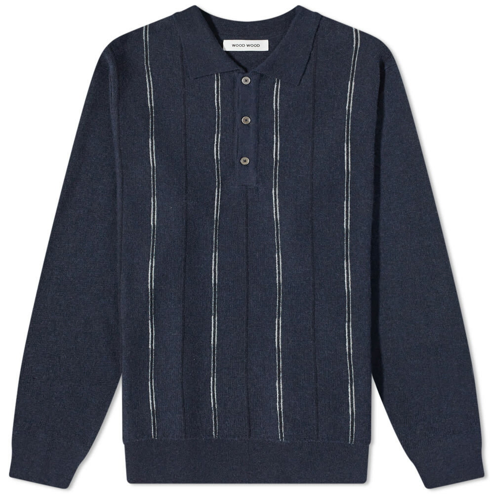 Photo: Wood Wood Men's Cooper Knit Long sleeve Polo Shirt in Navy