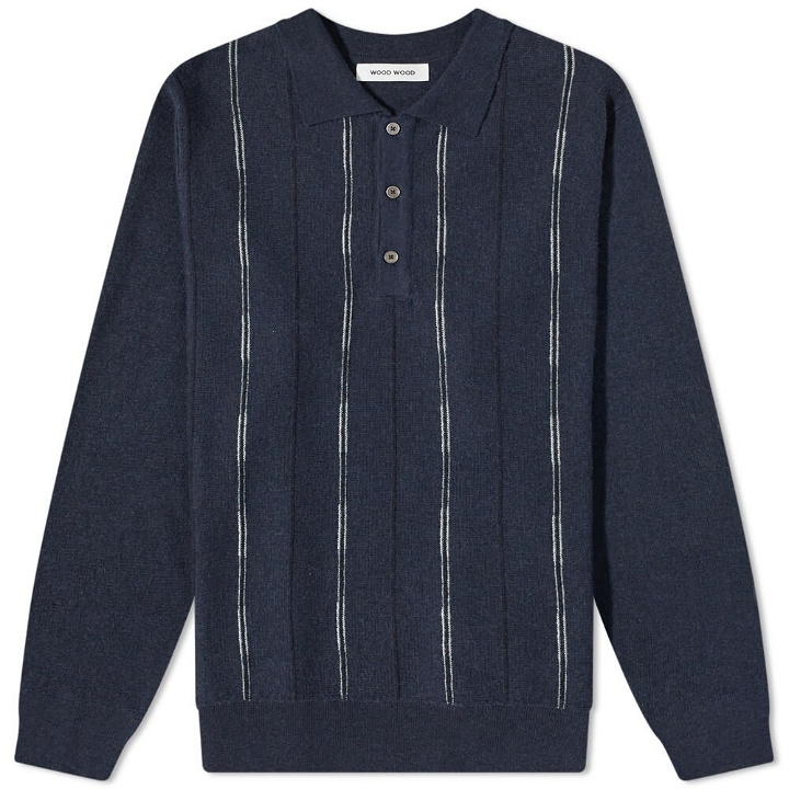 Photo: Wood Wood Men's Cooper Knit Long sleeve Polo Shirt in Navy