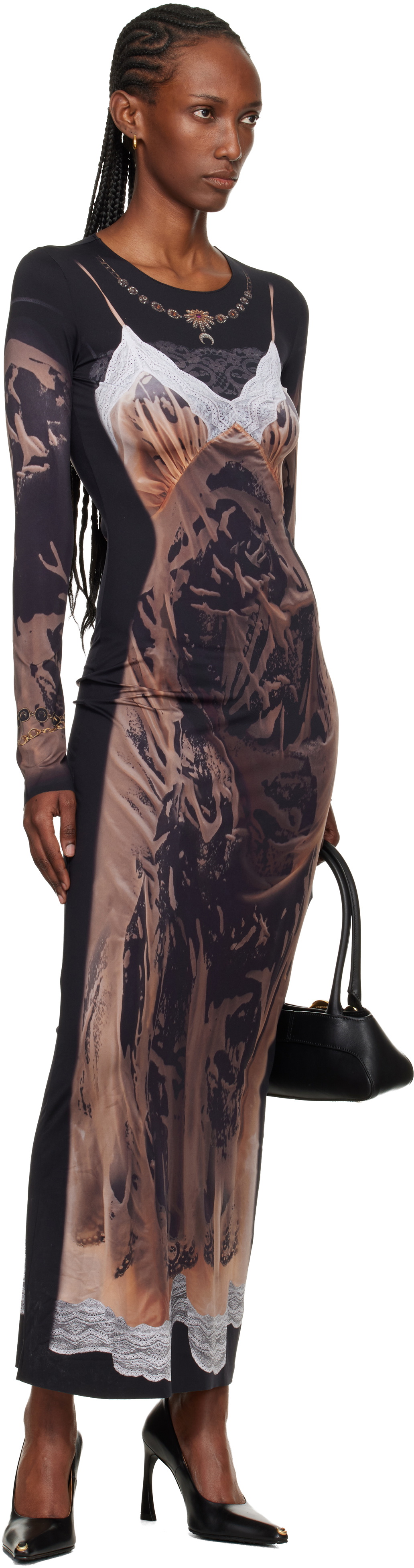Marine Serre SSENSE Exclusive Black Wet Nuisette Printed Jersey LS Maxi Dress