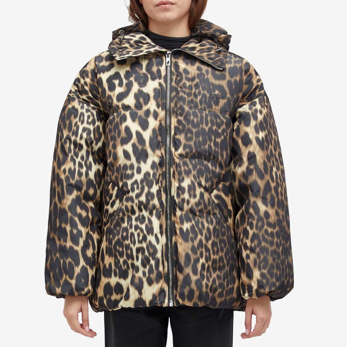 GANNI Women's Leopard Puffer Jacket in Almond Milk