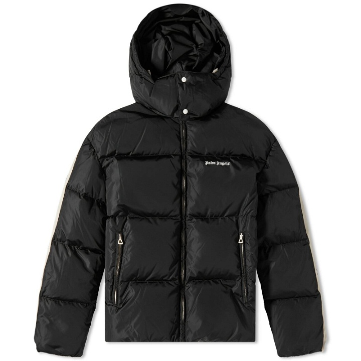 Photo: Palm Angels Men's Hooded Down Track Jacket in Black