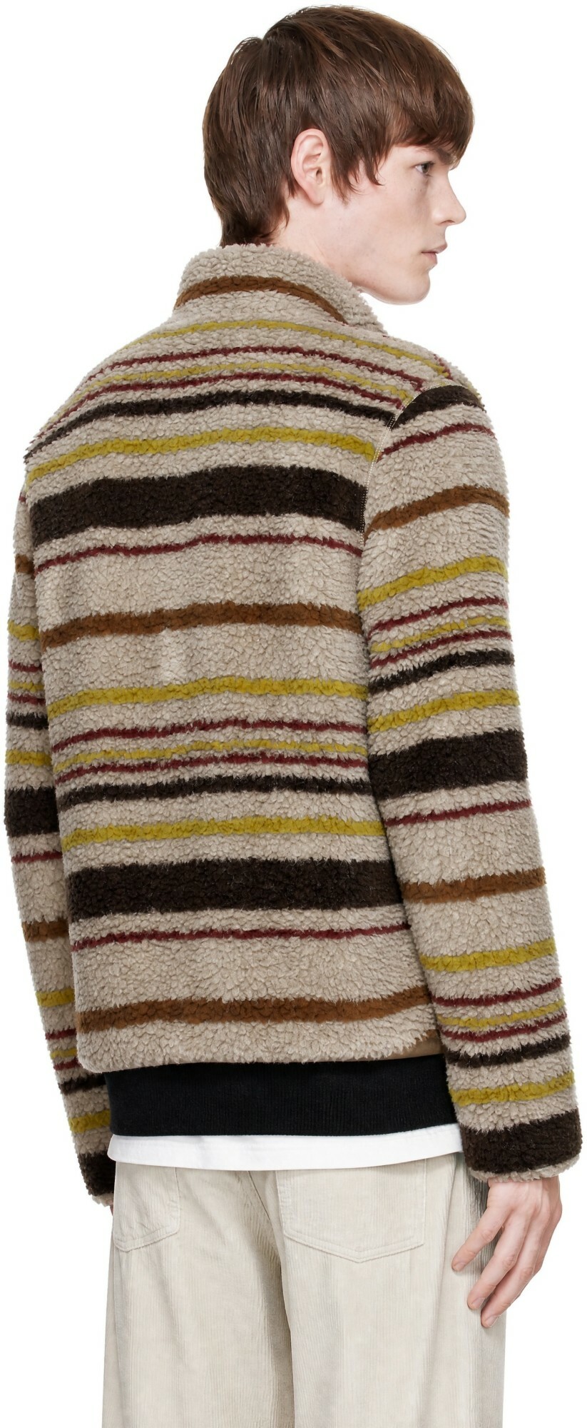 Moncler Beige Striped Teddy Zip-Up Cardigan