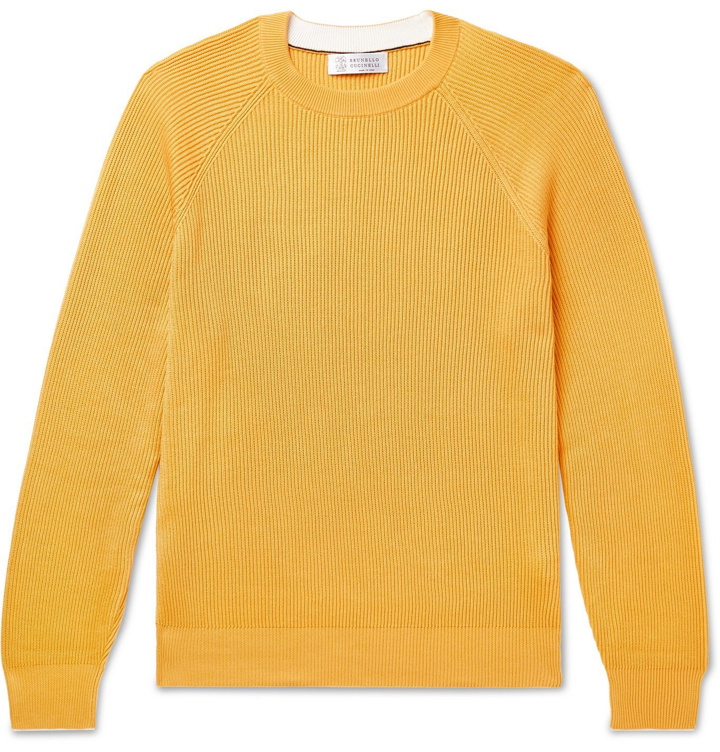 Photo: Brunello Cucinelli - Contrast-Tipped Ribbed Cotton Sweater - Yellow