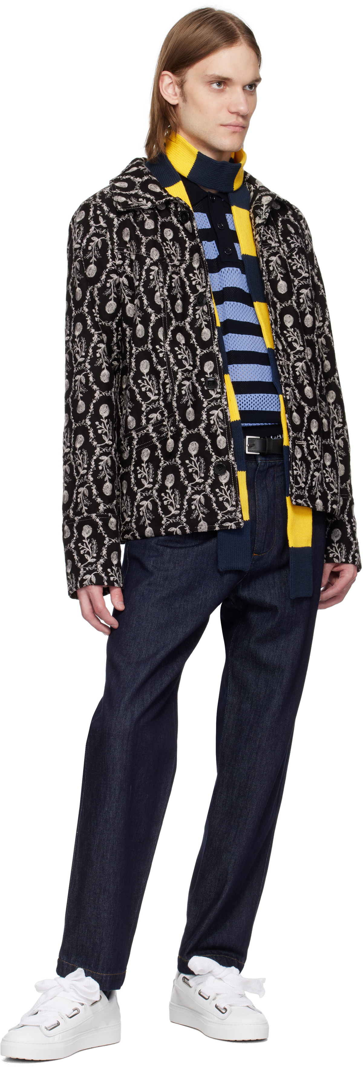 Charles Jeffrey LOVERBOY Yellow & Navy Stripe Skinny Scarf
