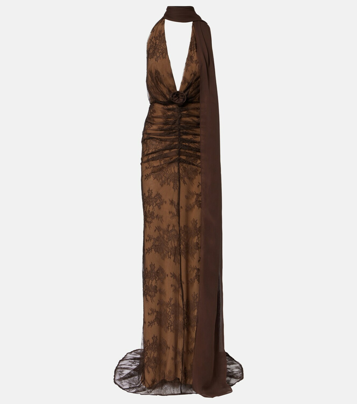 De La Vali Amora scarf-detail ruched lace maxi dress