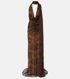 De La Vali Amora scarf-detail ruched lace maxi dress