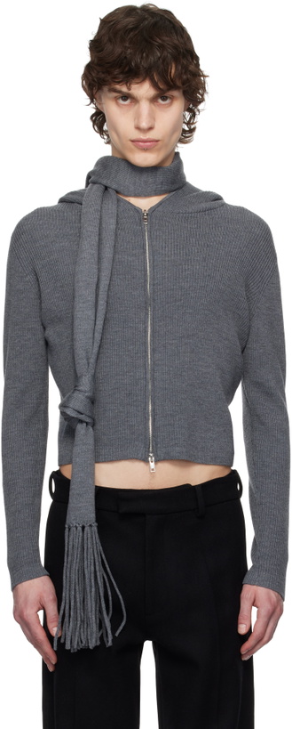 Photo: AARON ESH Gray Knitted Scarf & Hoodie Set