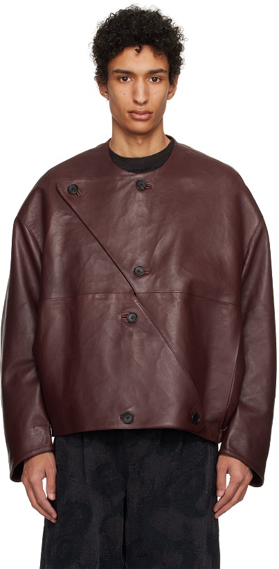 Photo: T/SEHNE SSENSE Exclusive Burgundy Lock-Detail Leather Jacket