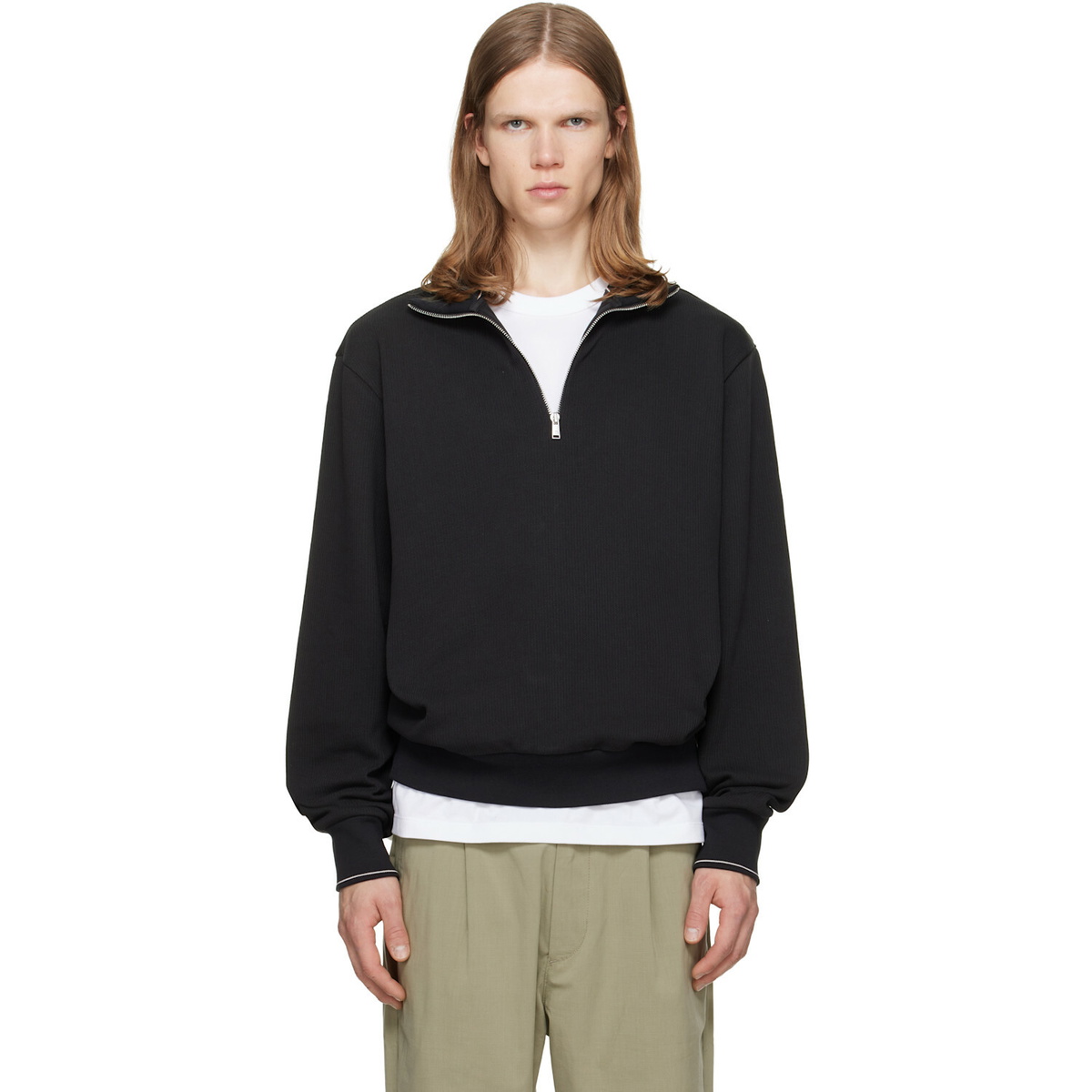 BOSS Black Zipper Neck Structured Cotton Sweatshirt