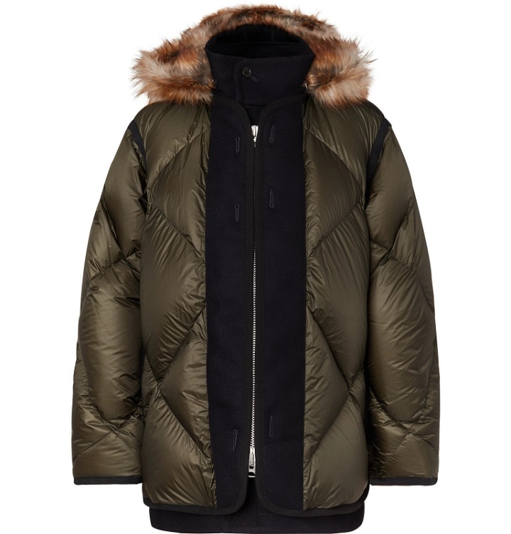 Photo: Sacai - Faux Fur and Wool Twill-Trimmed Quilted Nylon Down Coat - Green