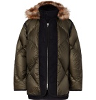 Sacai - Faux Fur and Wool Twill-Trimmed Quilted Nylon Down Coat - Green