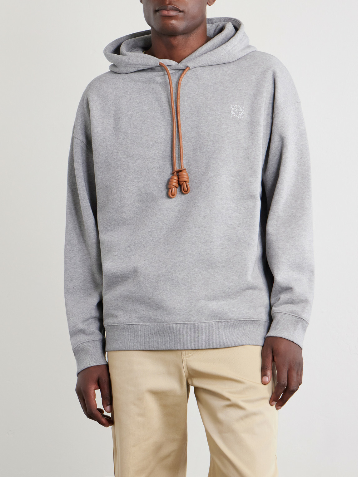 LOEWE - Anagram-Embroidered Leather-Trimmed Cotton-Fleece Hoodie - Gray