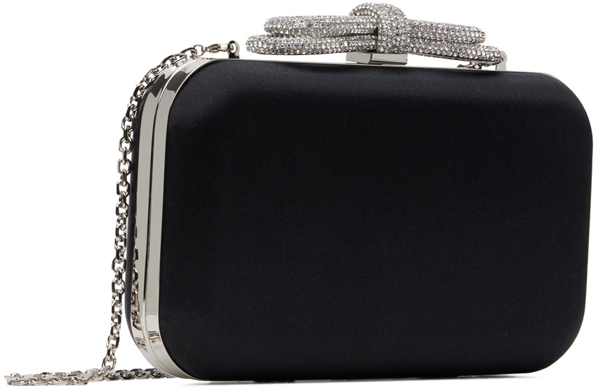 MACH & MACH Black Double Bow Satin Clutch
