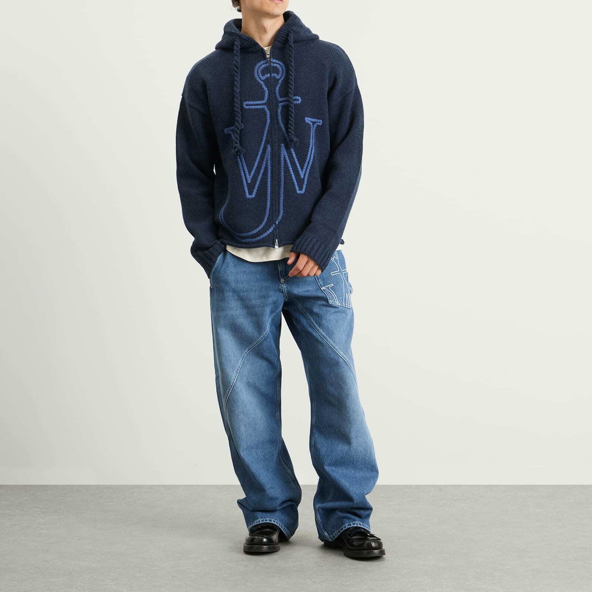 JW Anderson Men's Anchor Embroidery Zipped Hoodie in Steel Blue