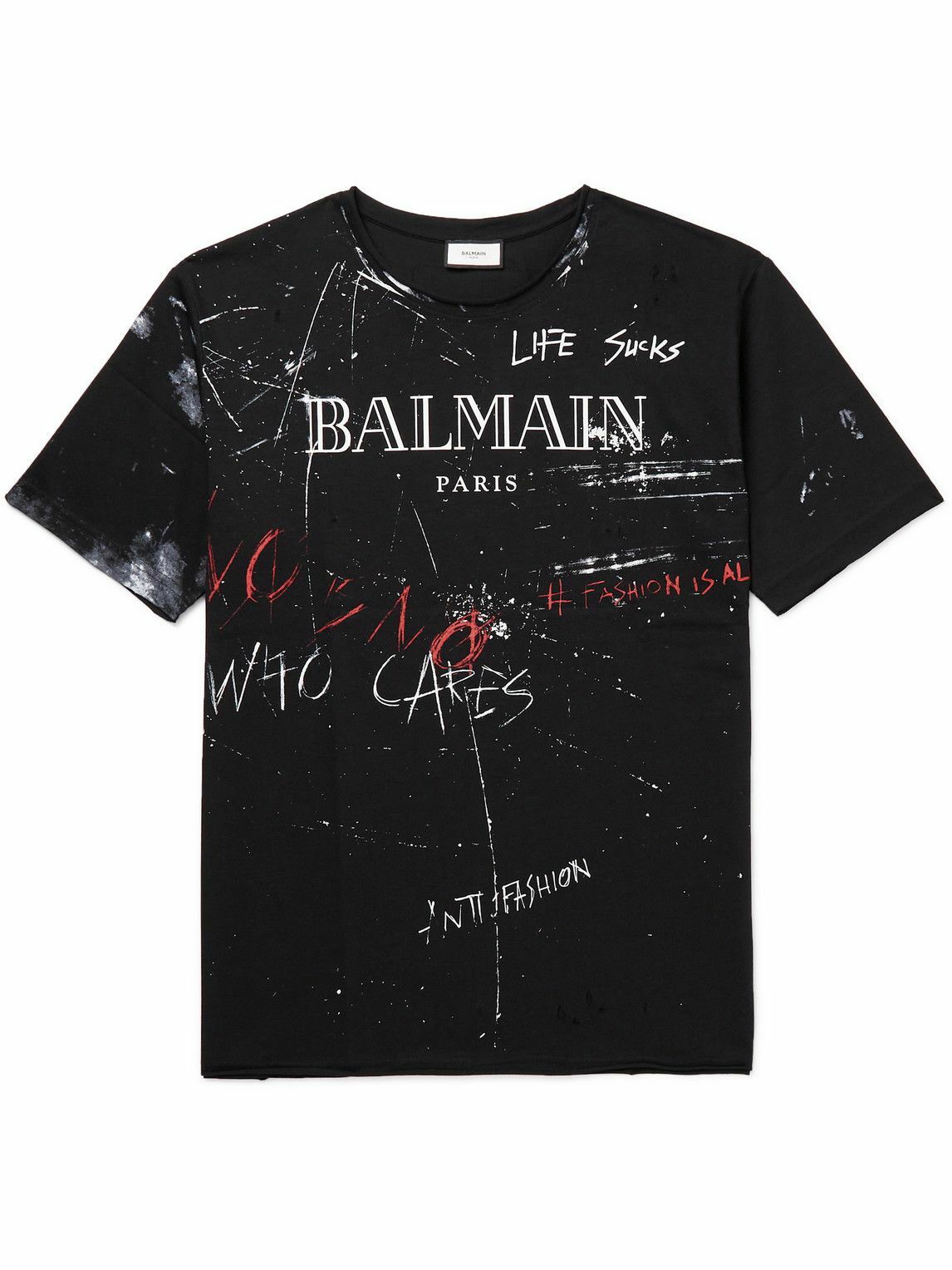 inerti delvist Peep Balmain - Logo-Print Distressed Cotton-Jersey T-Shirt - Black Balmain
