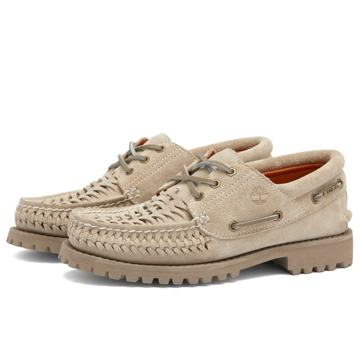 Photo: END. x Timberland Men's Authentic 3 Eye Boat Shoe in White Suede