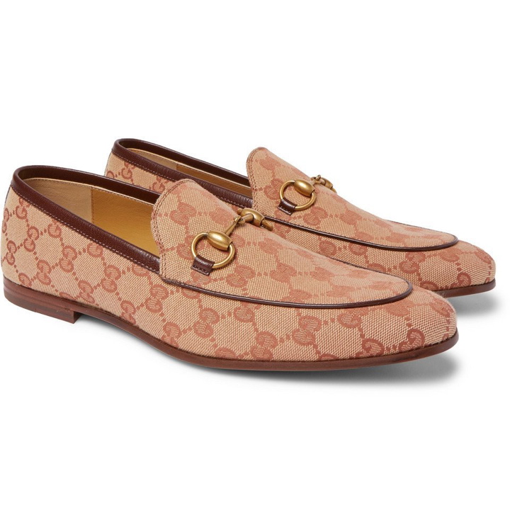 Photo: Gucci - Jordaan Horsebit Leather-Trimmed Monogrammed Canvas Loafers - Light brown