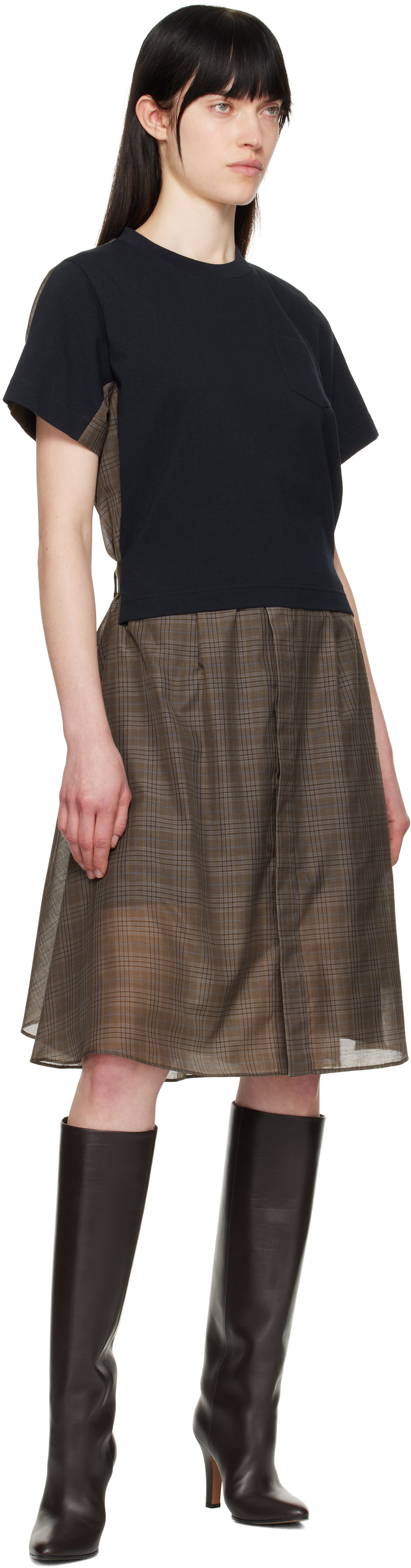 sacai Navy & Brown Spun Organza & Cotton Jersey Midi Dress Sacai