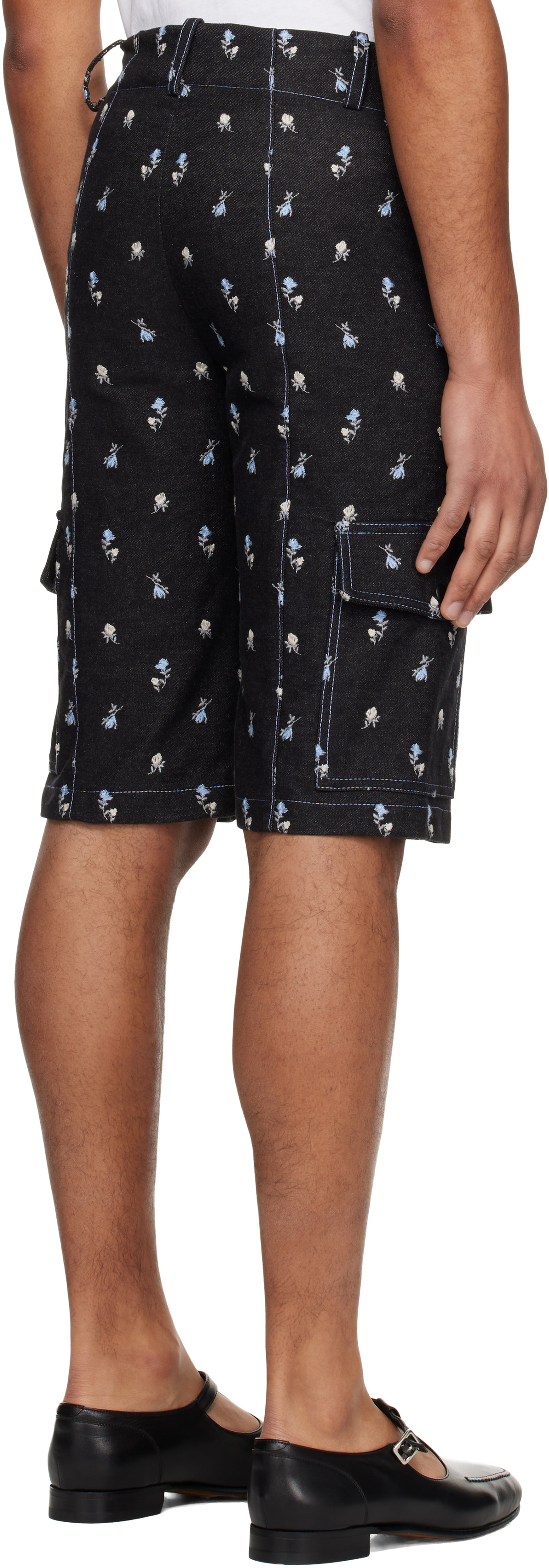 Anna Sui Black Embroidered Roses Denim Cargo Shorts