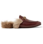 GUCCI - Princetown Horsebit Shearling-Lined Leather Backless Loafers - Burgundy