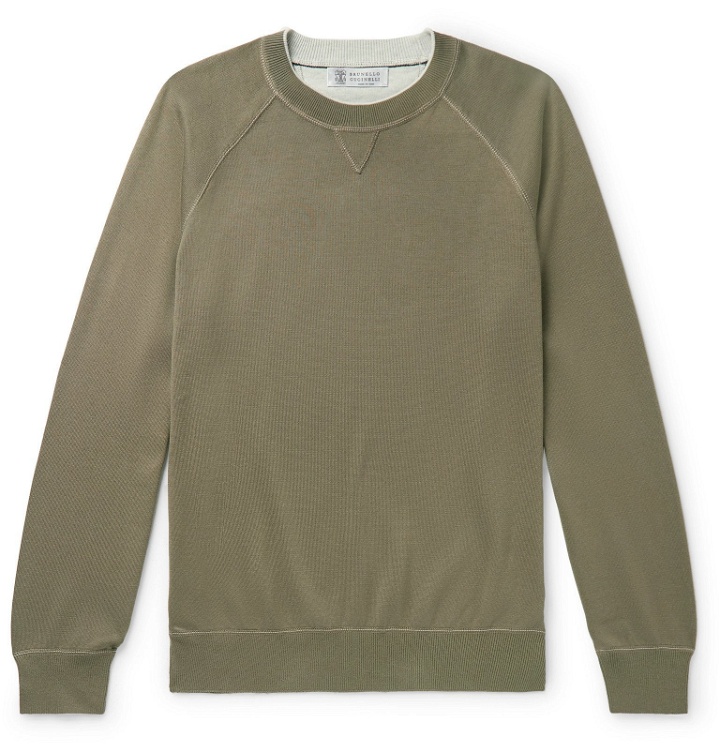 Photo: Brunello Cucinelli - Contrast-Tipped Cotton-Jersey Sweatshirt - Green