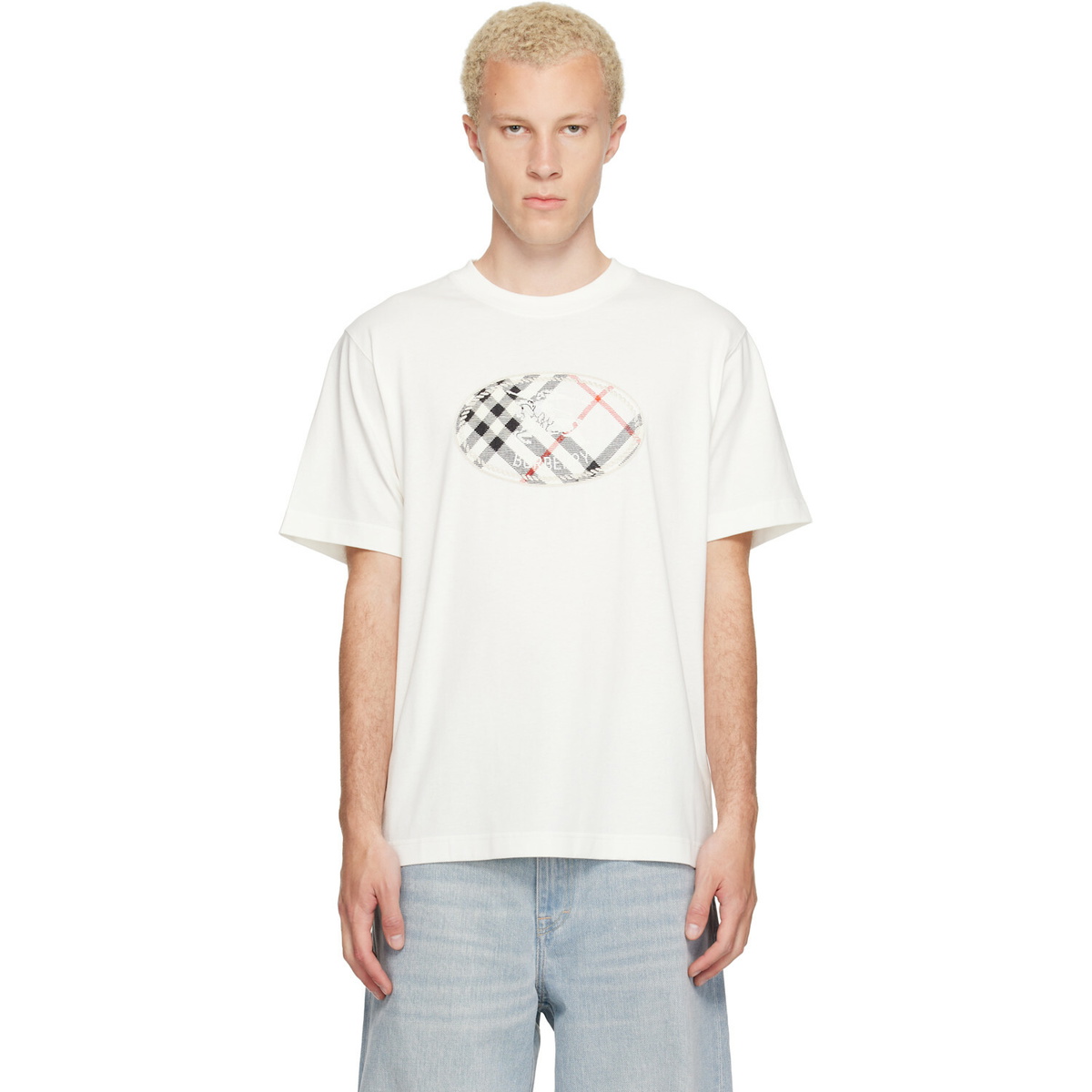 Burberry White Check Knight Stamp Cotton T-shirt