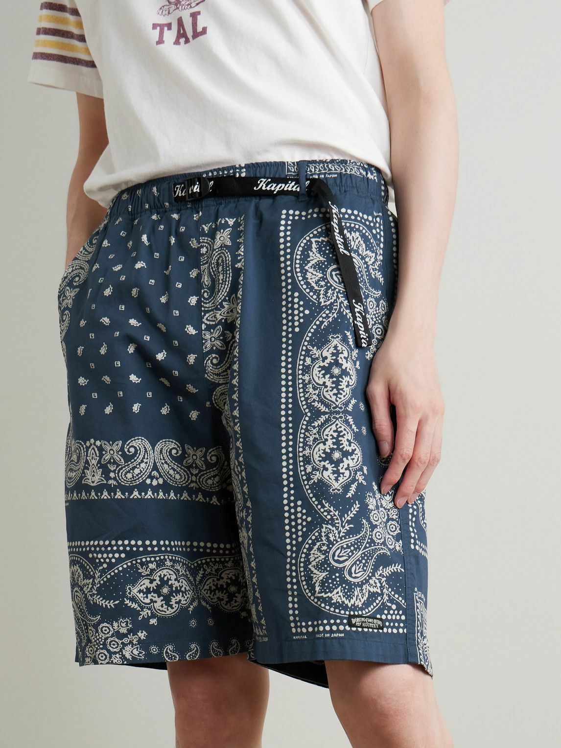 KAPITAL - Straight-Leg Belted Bandana-Print Patchwork Cotton-Twill Shorts - Blue