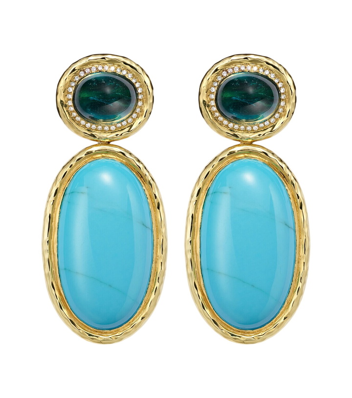 Photo: Octavia Elizabeth Bermuda Blue 18kt gold drop earrings with turquoise, tourmaline, and diamonds