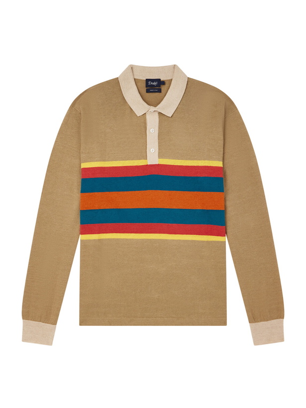 Photo: Drake's - Striped Linen and Cotton-Blend Polo Shirt - Brown
