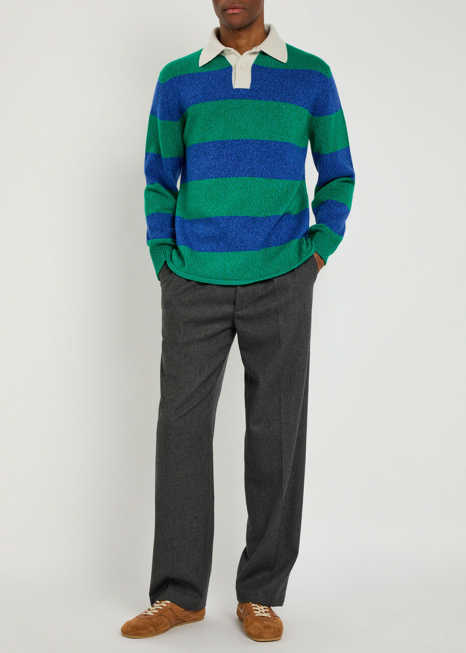 Begg & CO Hooped Striped Cashmere Polo Jumper Blue