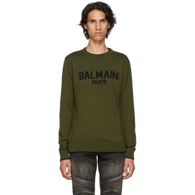 Balmain Green Wool Logo Sweater