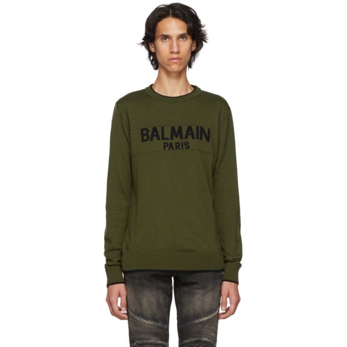 Photo: Balmain Green Wool Logo Sweater