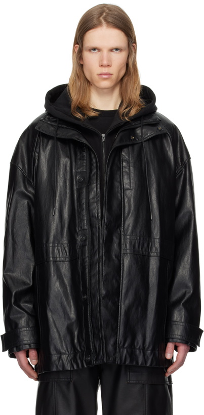 Photo: Juun.J Black Hood Detachable Car Faux-Leather Coat
