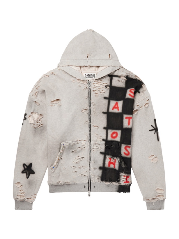 Photo: Satoshi Nakamoto - Get What I Want Distressed Embellished Cotton-Jersey Zip-Up Hoodie - Gray