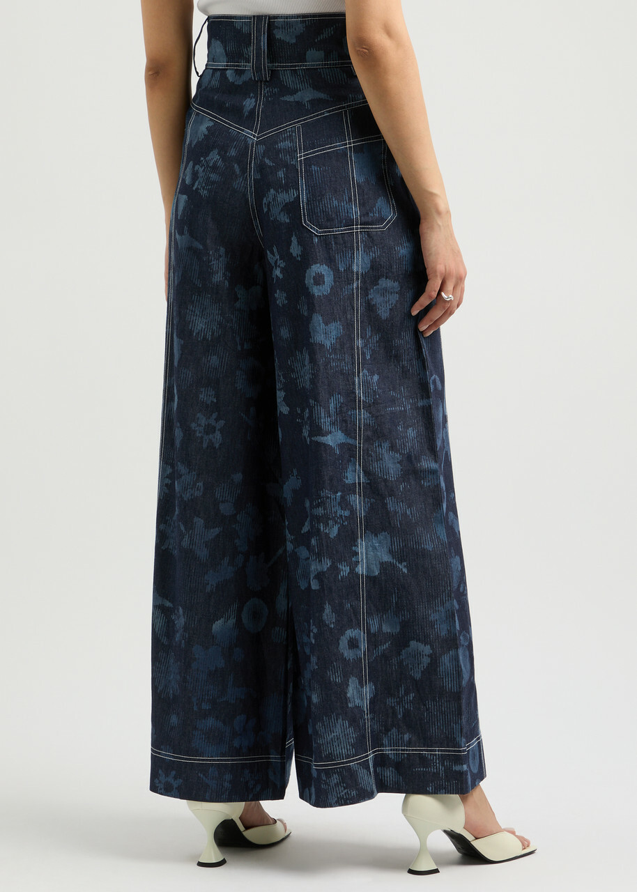 Lovebirds Printed Wide-leg Cotton Trousers Navy