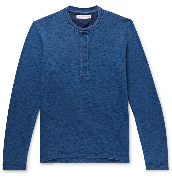 Photo: Orlebar Brown - Arlo Slim-Fit Indigo-Dyed Mélange Cotton-Jersey Henley T-Shirt - Blue
