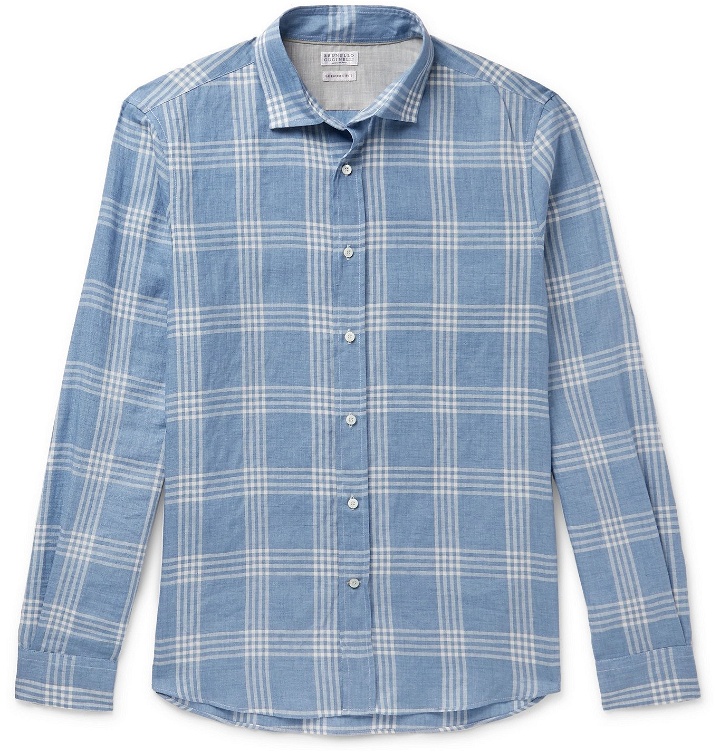 Photo: Brunello Cucinelli - Checked Linen and Cotton-Blend Shirt - Blue