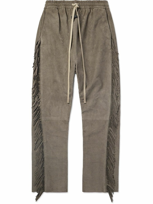 Photo: Fear of God - Straight-Leg Logo-Appliquèd Ribbed Fringed Suede Trousers - Brown